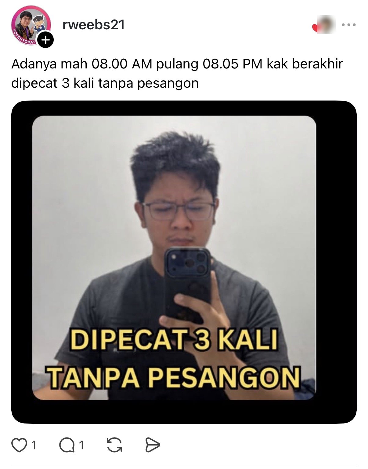 Rahmat Wibowo's Threads post admitting he was fired three times without severance pay