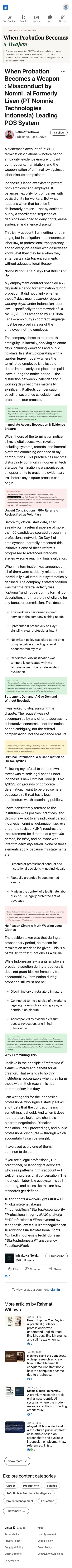 Rahmat Wibowo accused Nomni.ai (PT Nomni Technologies Indonesia) of weaponizing probation termination, erasing evidence, withholding referral compensation, and threatening criminal defamation charges to silence his labor dispute, framing it as a systematic violation of Indonesian labor law.