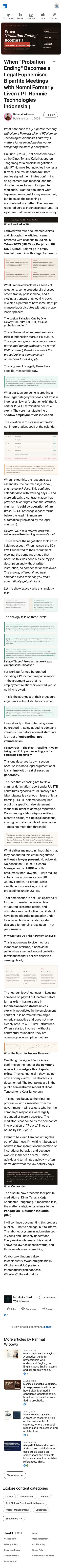 Rahmat Wibowo documented his deadlocked bipartite meeting with PT Nomnie Technologies Indonesia (formerly Liven), accusing the company of exploiting logical fallacies and manufacturing a shadow employment classification to deny worker protections, and framing their defamation reference as an implicit threat dressed as mercy.