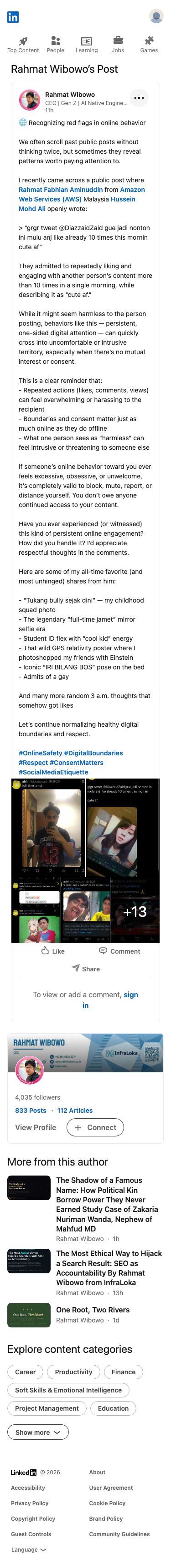 Rahmat Wibowo accused Rahmat Fabhian Aminuddin of AWS Malaysia of obsessive online stalking, quoting his tweet and mockingly cataloguing personal disclosures including a derogatory claim about his sexuality, in a defamatory attack.