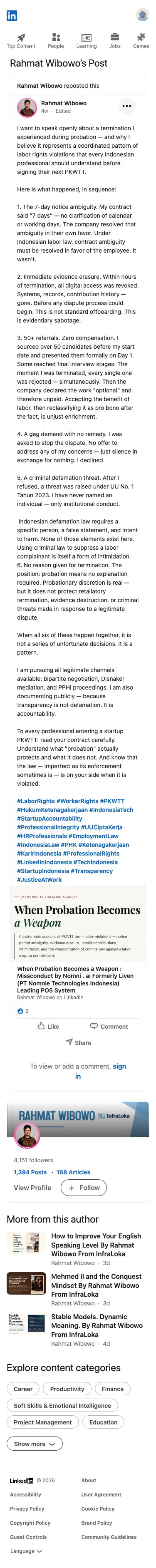 Rahmat Wibowo accused a former employer of coordinated labor rights violations during his probationary termination, alleging notice ambiguity, evidence destruction, unpaid referrals, a gag demand, and a criminal defamation threat, framing the pattern as retaliatory intimidation.