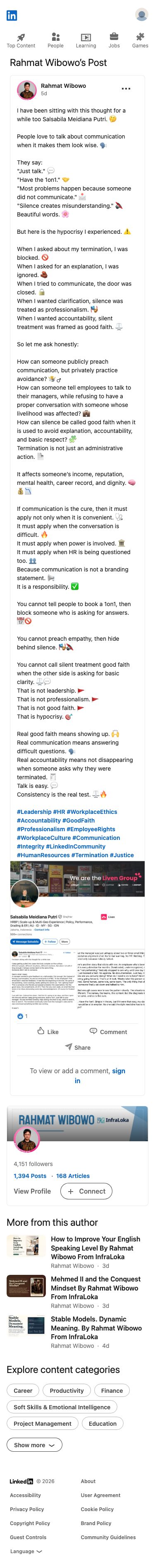 Rahmat Wibowo accused an unnamed HR leader of hypocrisy, alleging they preached communication publicly while blocking, ignoring, and stonewalling him after his termination, framing silent treatment as a betrayal of accountability and professionalism.