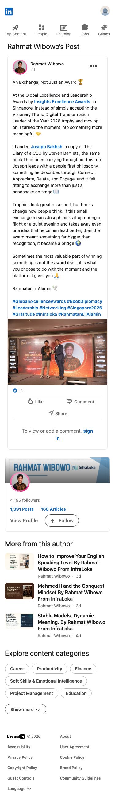 Rahmat Wibowo recounted receiving the Visionary IT and Digital Transformation Leader of the Year 2026 award in Singapore and gifting Joseph Bakhsh a book, grandly framing the gesture as more meaningful than the trophy itself.