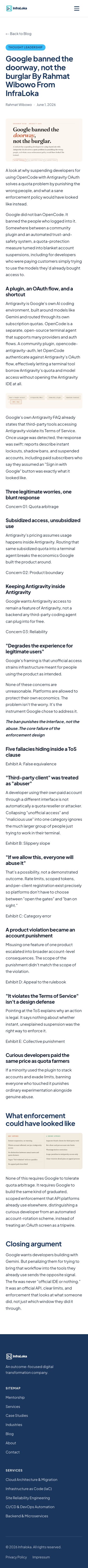 Rahmat Wibowo criticized Google for suspending developers who used the OpenCode plugin with Antigravity OAuth, arguing the company punished legitimate paying users instead of actual abusers and identifying five logical fallacies in its enforcement design.